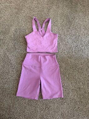 ALO Yoga Pink Bike Shorts & Sports Bra Set